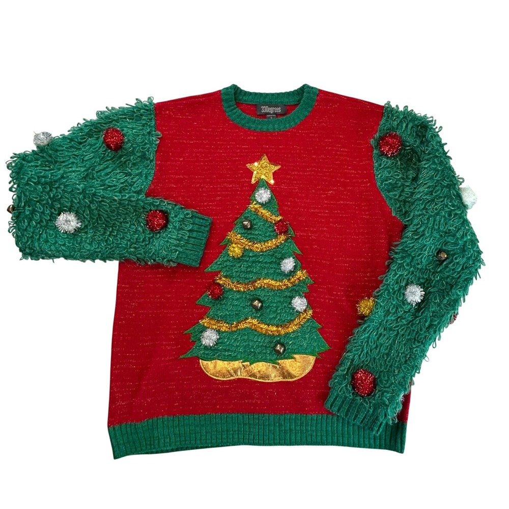 33 Degrees Womens Christmas Tree Ugly Sweater Pom Poms Tinsel Bells Size Large‎